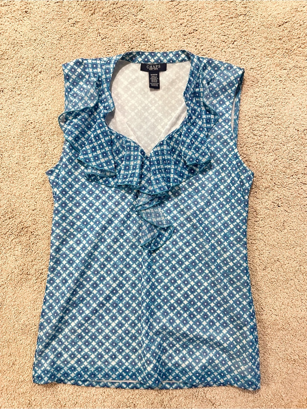 M Chaps Blue Printed Ruffle V-Neck Sleeveless Camisole